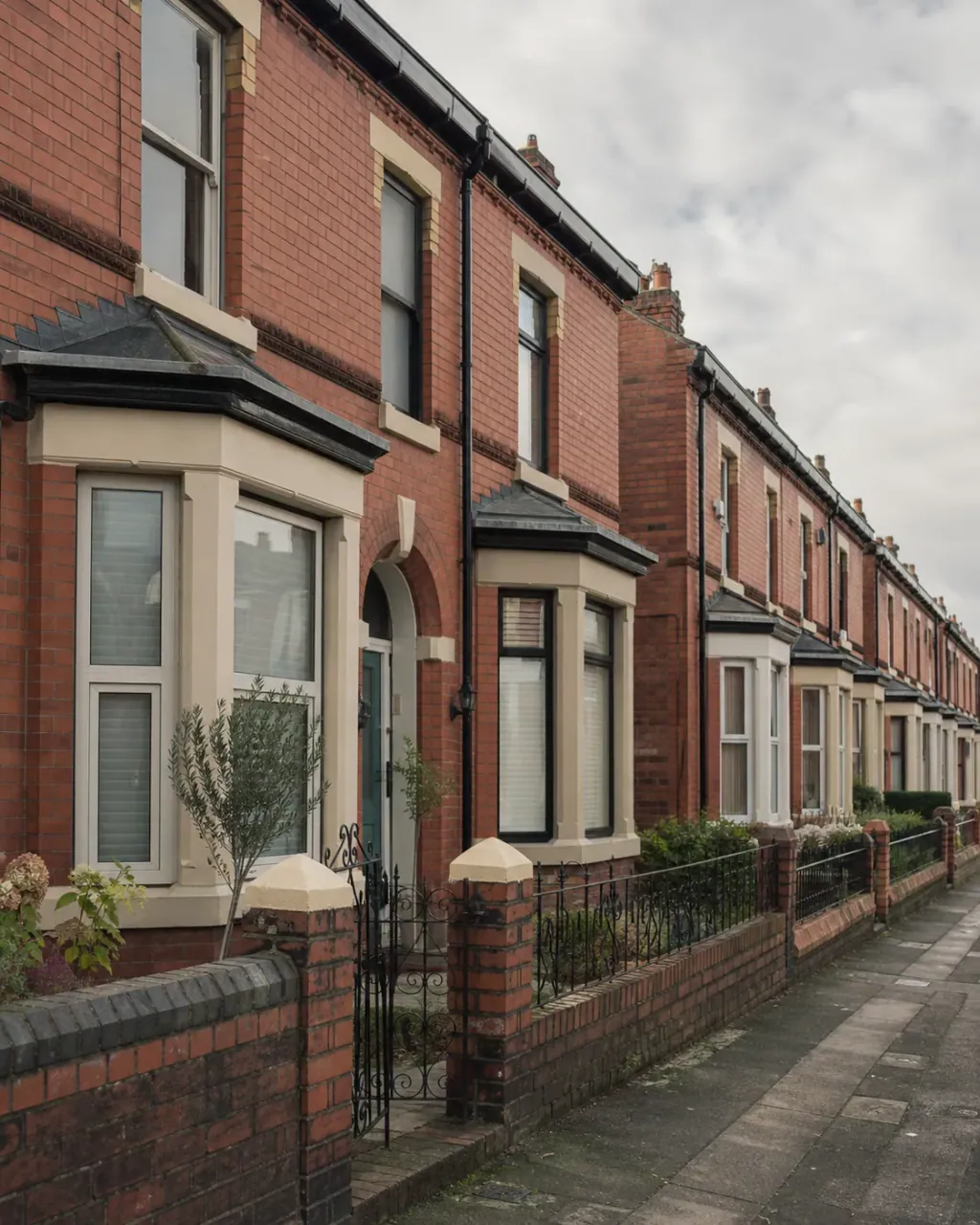 A row of red-brick Victorian terraces with bay windows in Cheetham Hill
