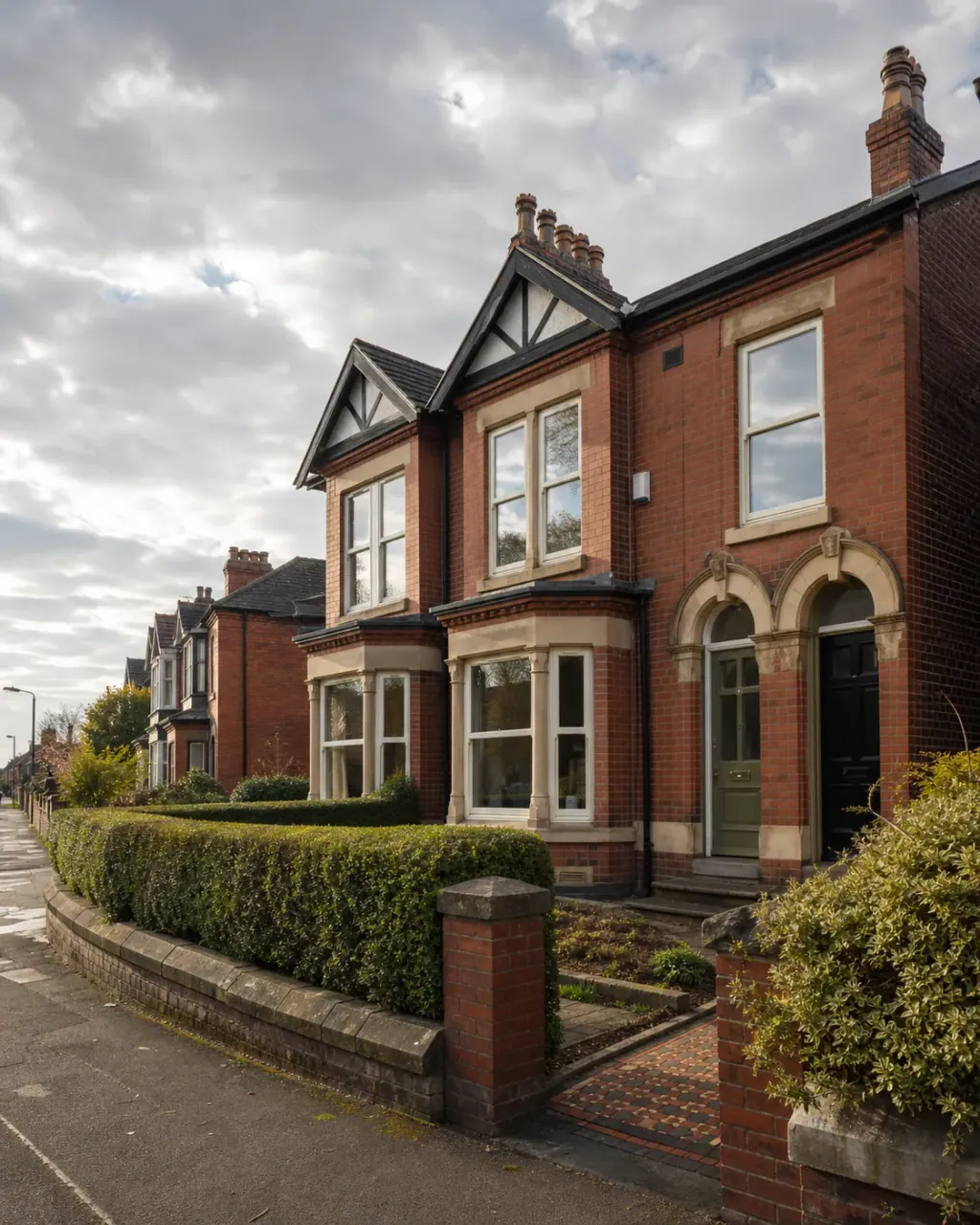 A red-brick semi-detached house with timbered gables on a Crumpsall corner