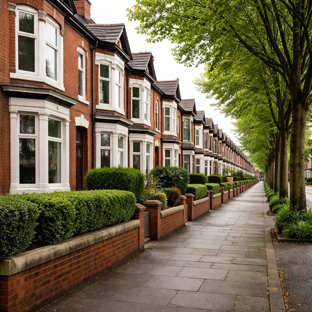 Bay-fronted terraced houses along a tree-lined Eccles pavement