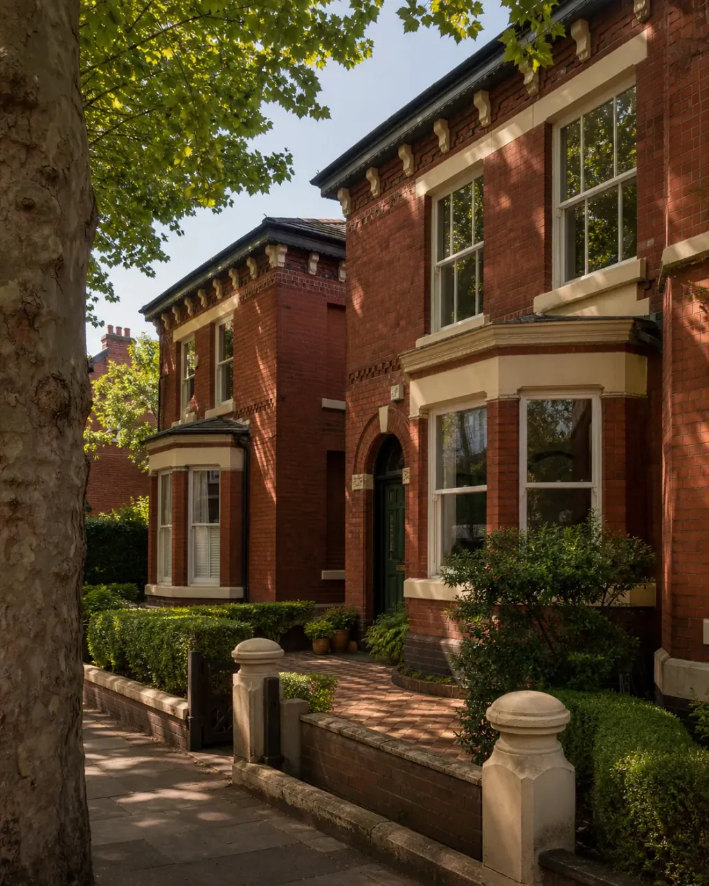 Red-brick period houses and front gardens on a sunny Fallowfield street