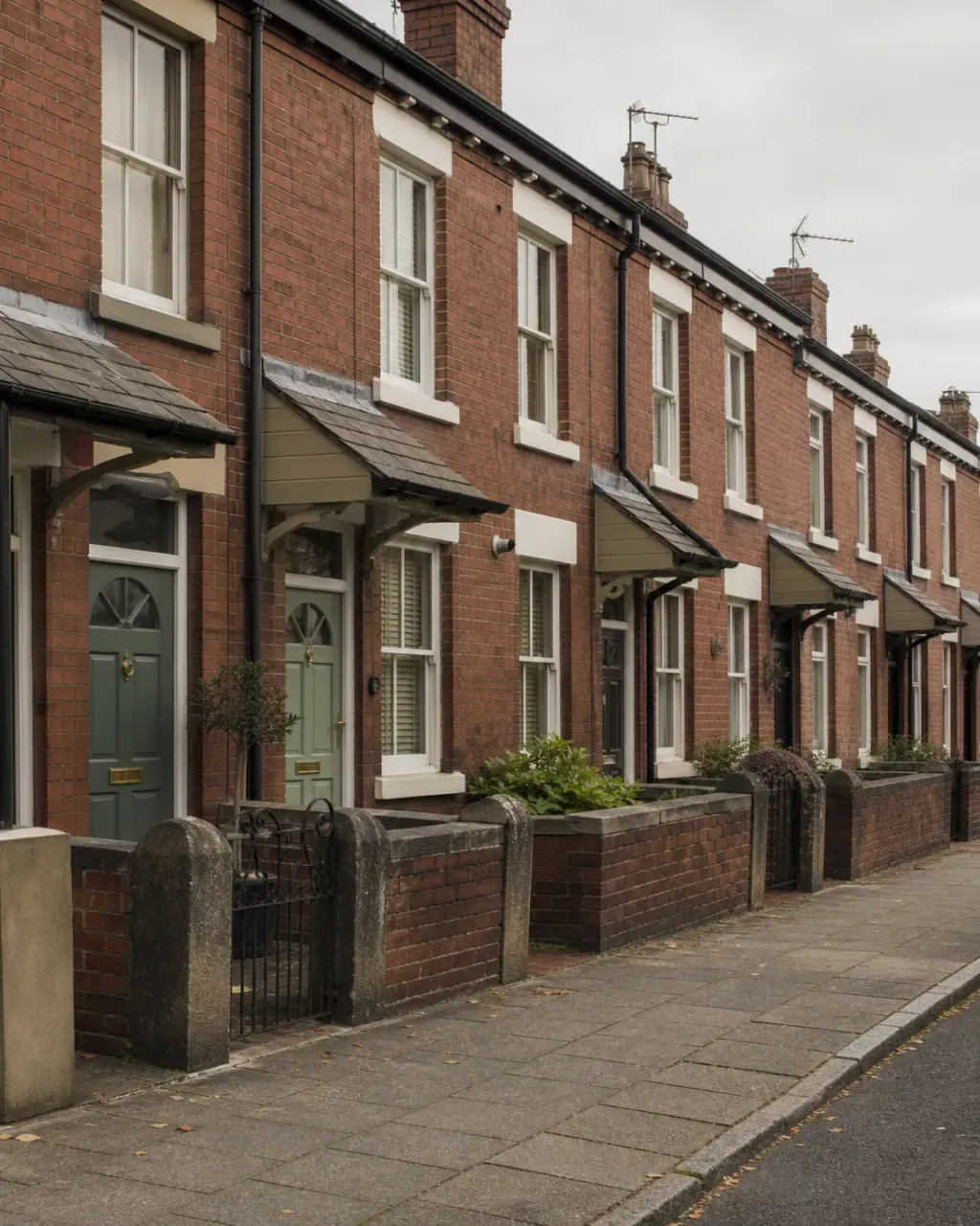 A terrace of red-brick houses with porch canopies in Levenshulme