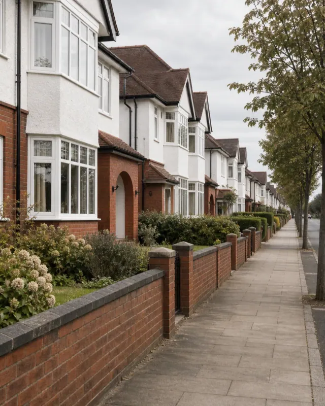 A row of 1930s semi-detached houses along a Prestwich pavement