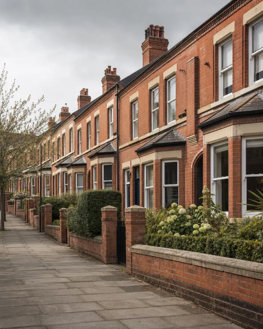 Bay-fronted red-brick terraces and garden walls along a Stretford street