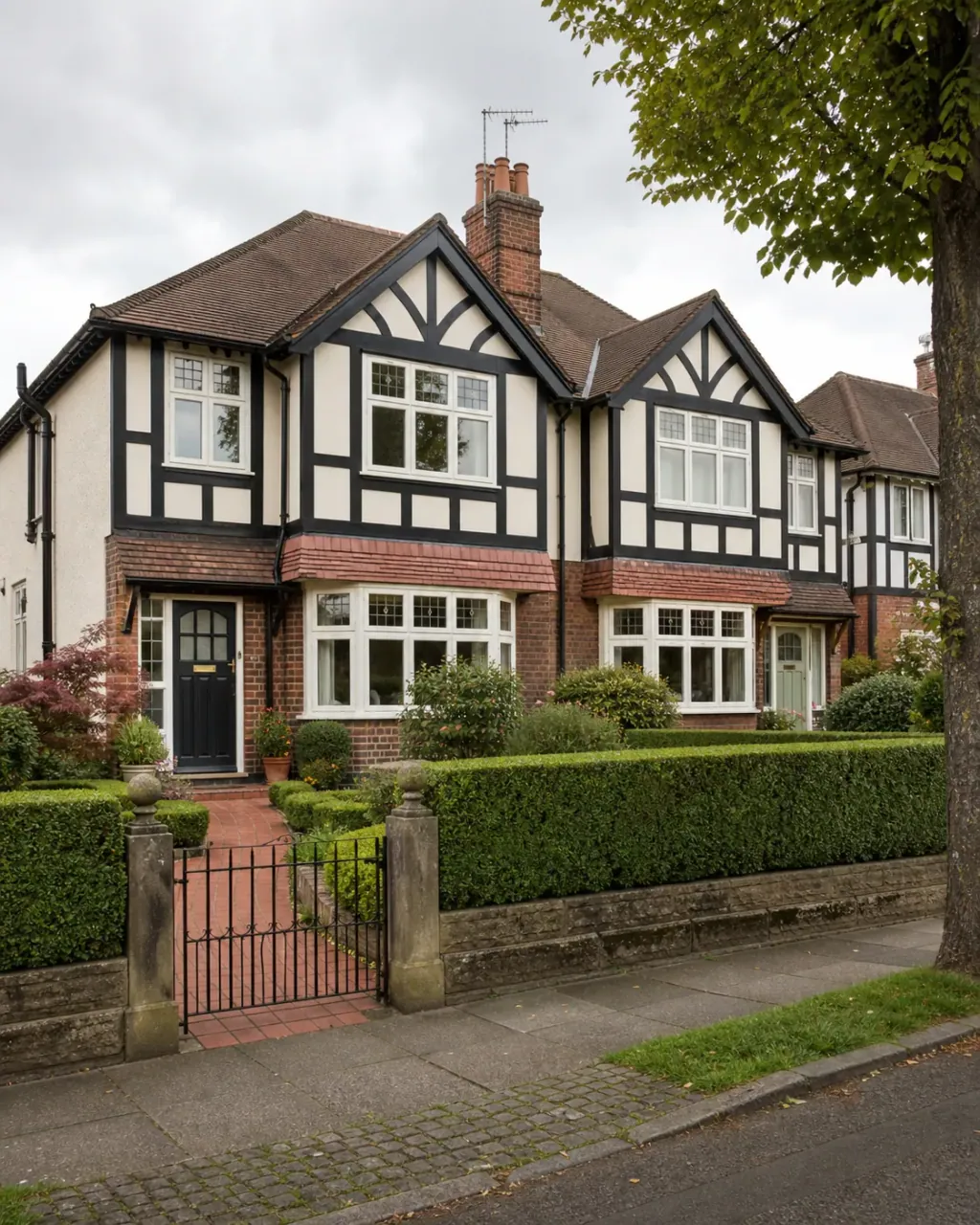 Timber-gabled 1930s semi-detached houses behind clipped hedges in Urmston