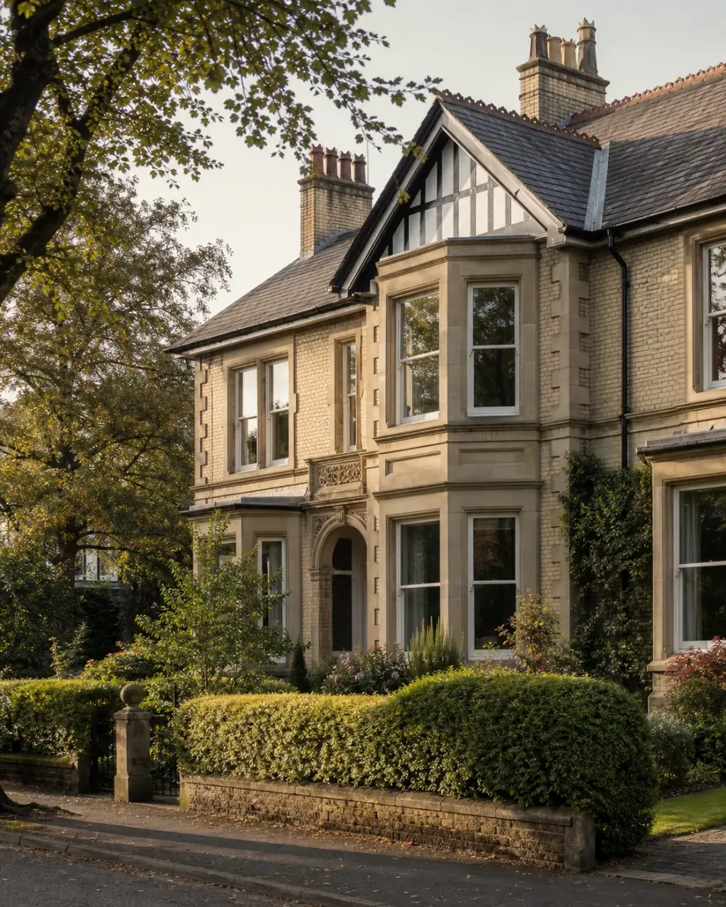 A stone-dressed Victorian villa in evening light on a West Didsbury street