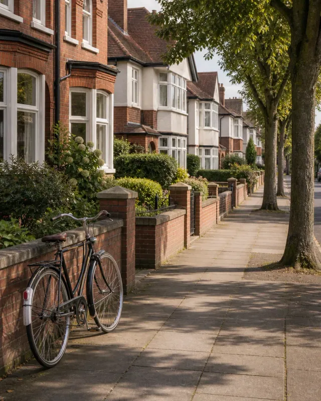Red-brick Edwardian houses on a tree-lined Altrincham street, a bicycle resting by a garden wall
