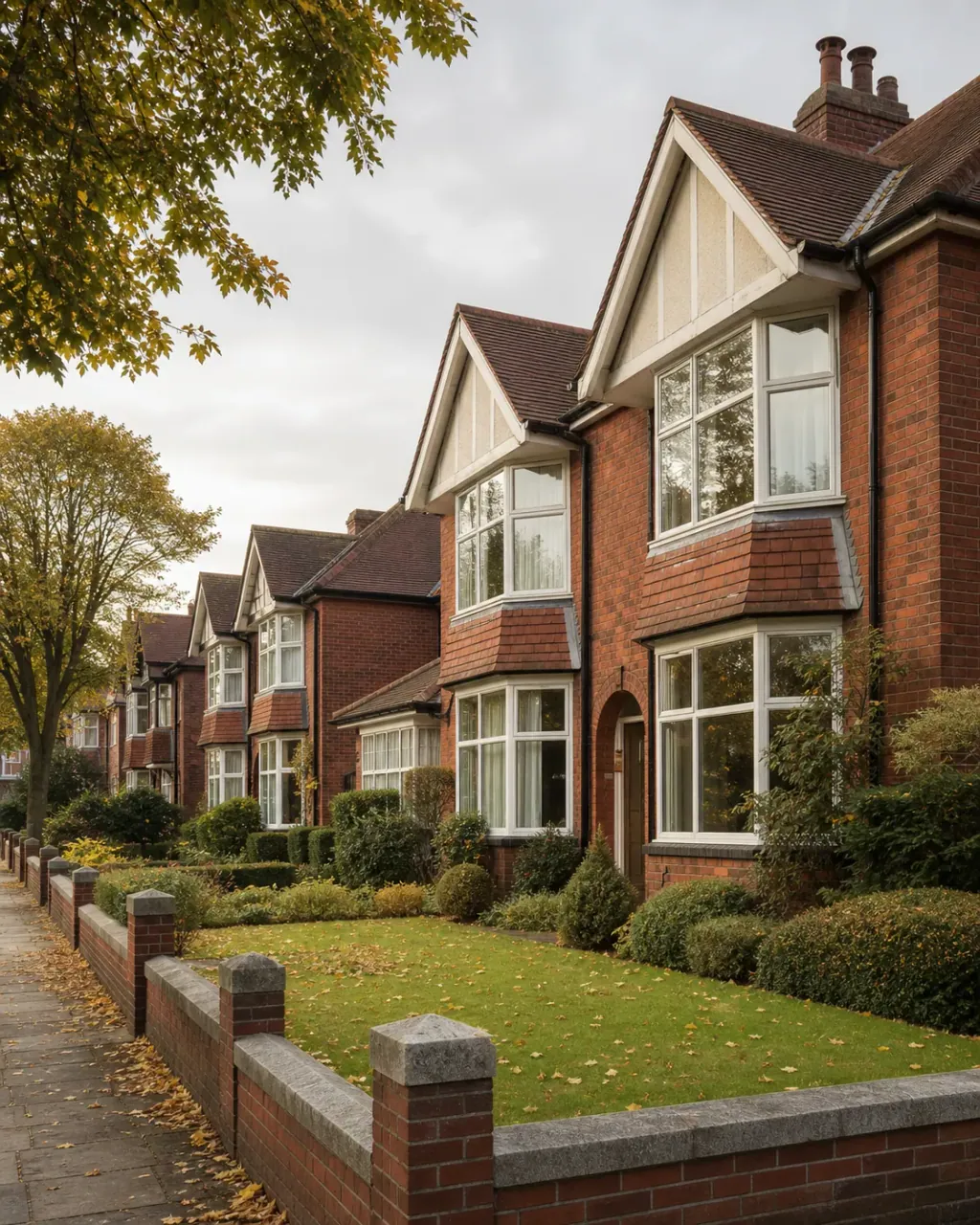 1930s red-brick semis with front lawns on a Whitefield street