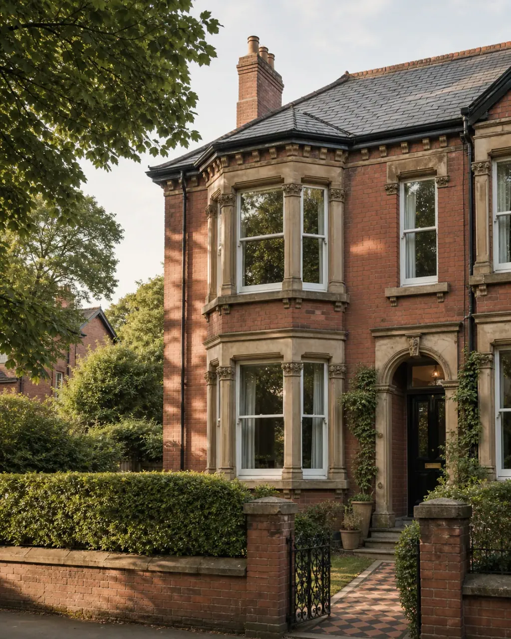 An ornate red-brick Victorian end terrace with a tiled front path in Withington